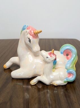 Vintage 80s Iridescent Pastel Hand Painted Ceramic Mom & Baby Unicorns Figurine